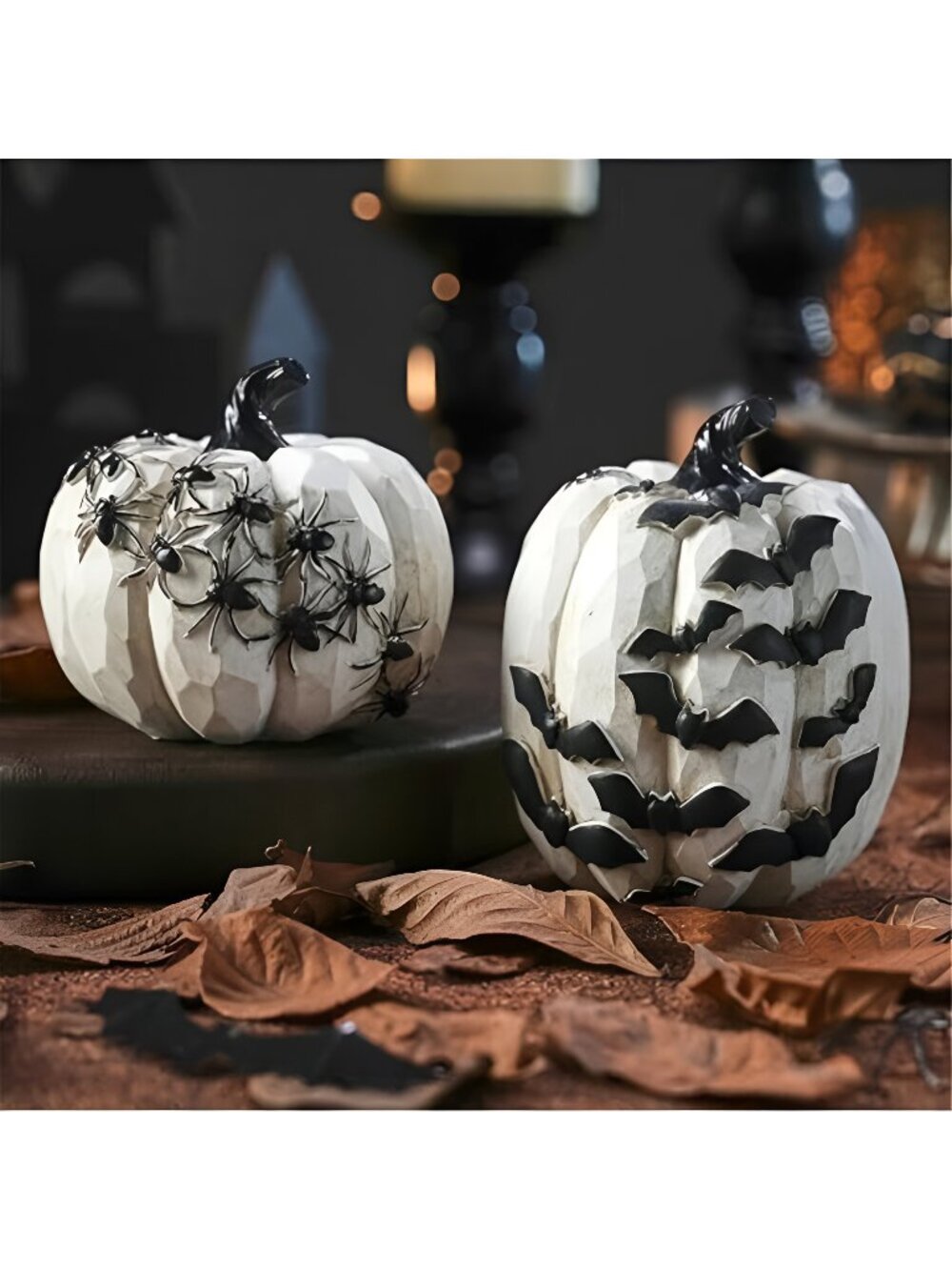 Black and White Pumpkins with Bats for Halloween Indoor Decor